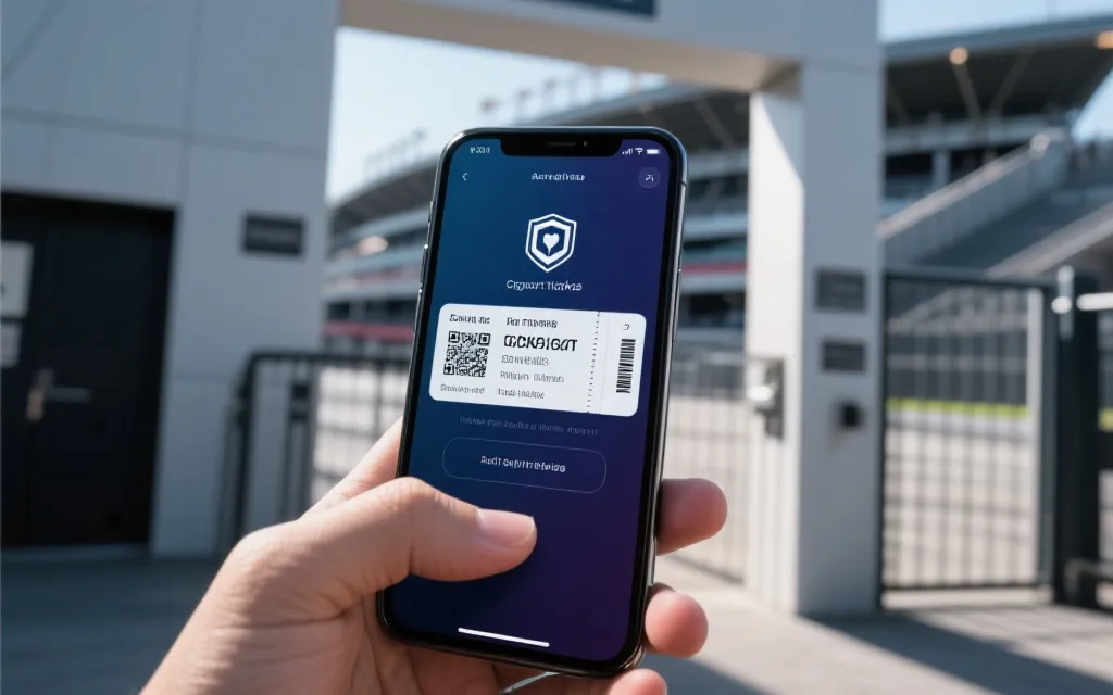 手机上展示电子票与入场闸机的场景，强调官方票夹与核验流程
