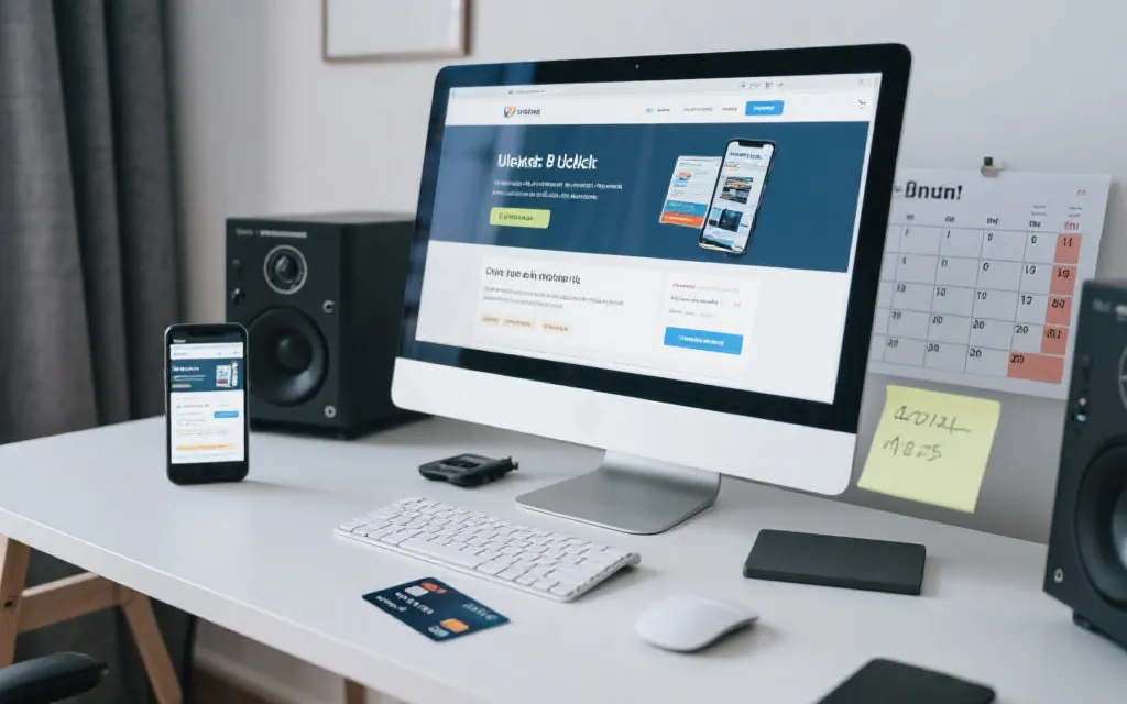 电脑与手机并行操作的抢票场景：桌面上有时间表与支付卡片备份信息